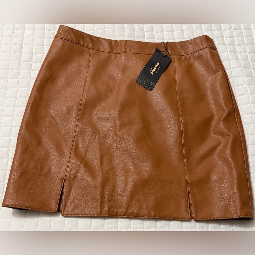 Shinestar Faux Leather Mini Skirt in Cognac Brown